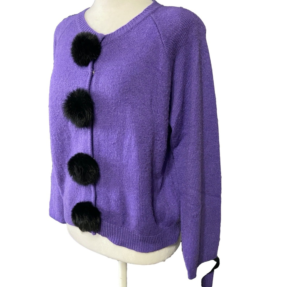 Vintage Interim Cardigan Sweater Womens M Purple Fur Pom Pom Trim Knit Retro